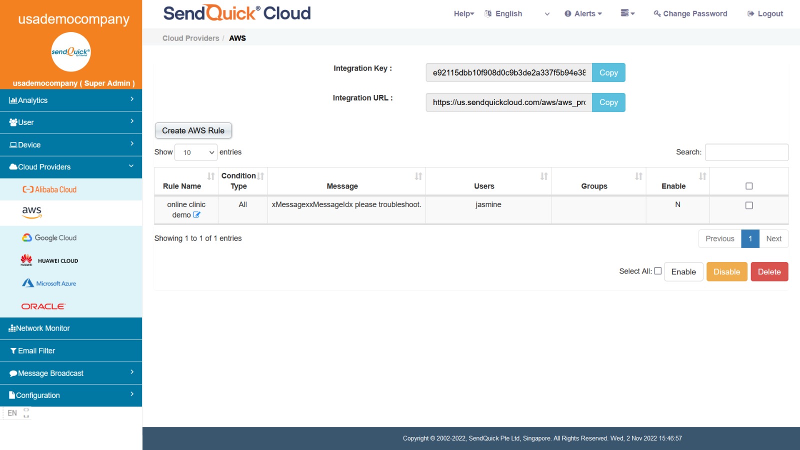 SendQuick Cloud Integration with AWS